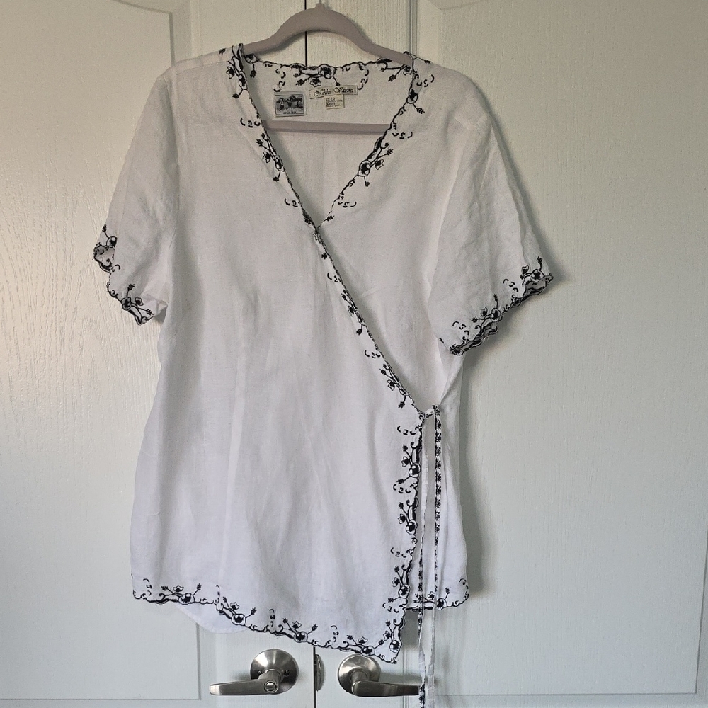 Vintage White Wrap Top with Black Embroidery
